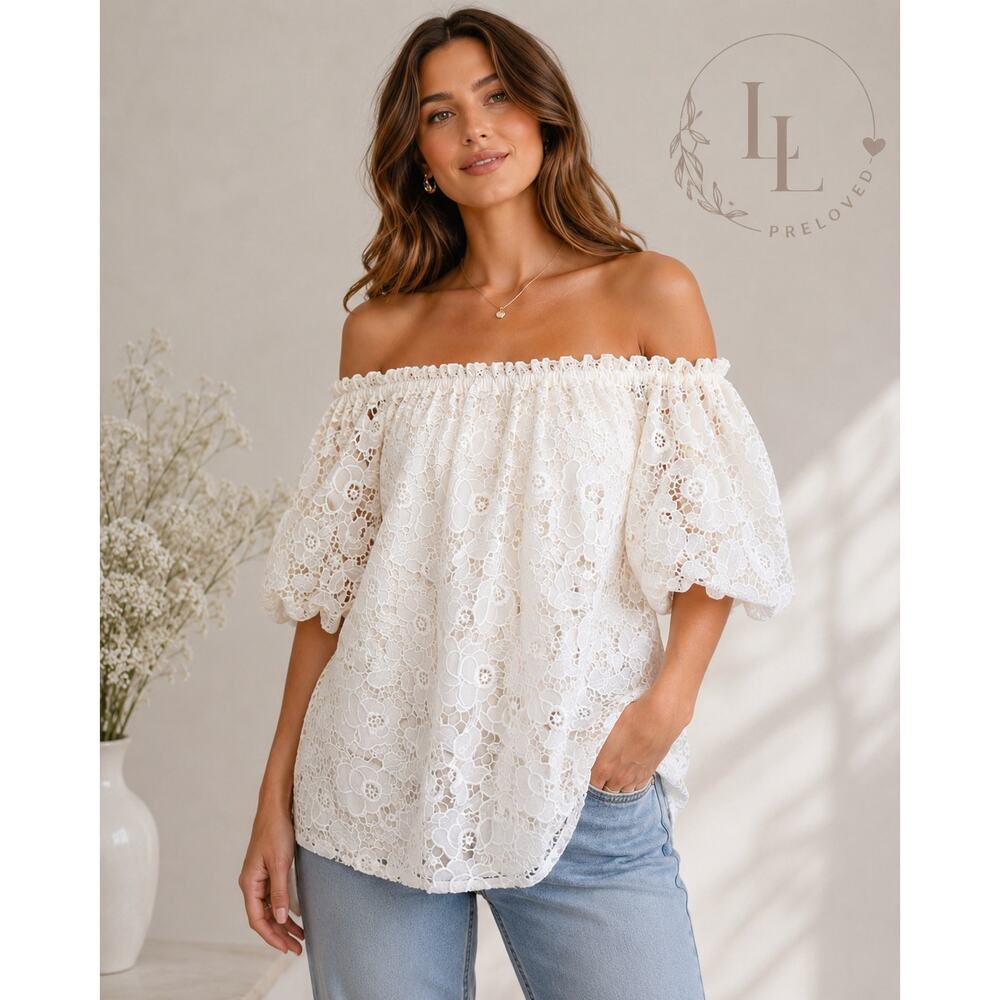 Badgley Mischka Collection Ivory Floral Lace Off Shoulder Dress Size M NWT